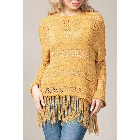 Pink Rose Sweaters - Rain + Rose Women's Chenille Mustard Fringe Long Sleeve Round Sweater Size S NWT